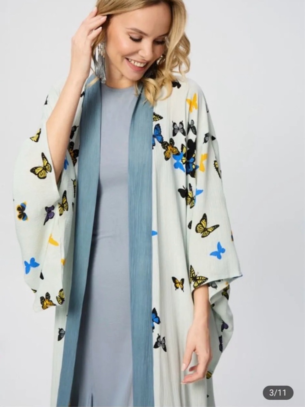 SAACHI Cream Butterfly Kimono with Blue Trim